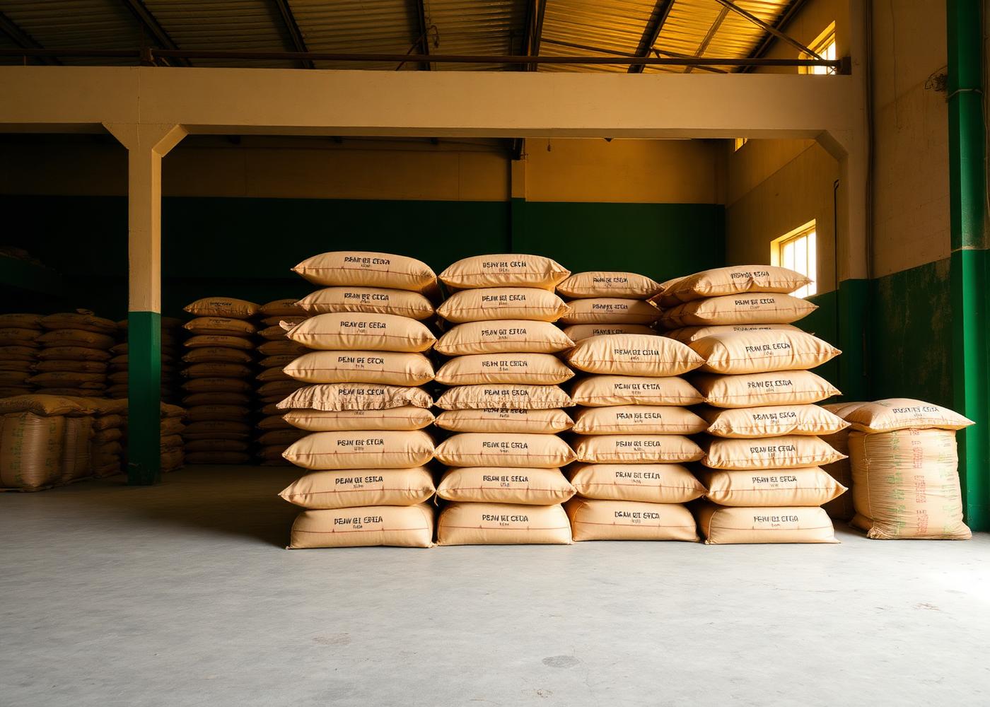 Neatly stacked bags of TARAON GLOBAL potassium humate in the Ahmedabad warehouse