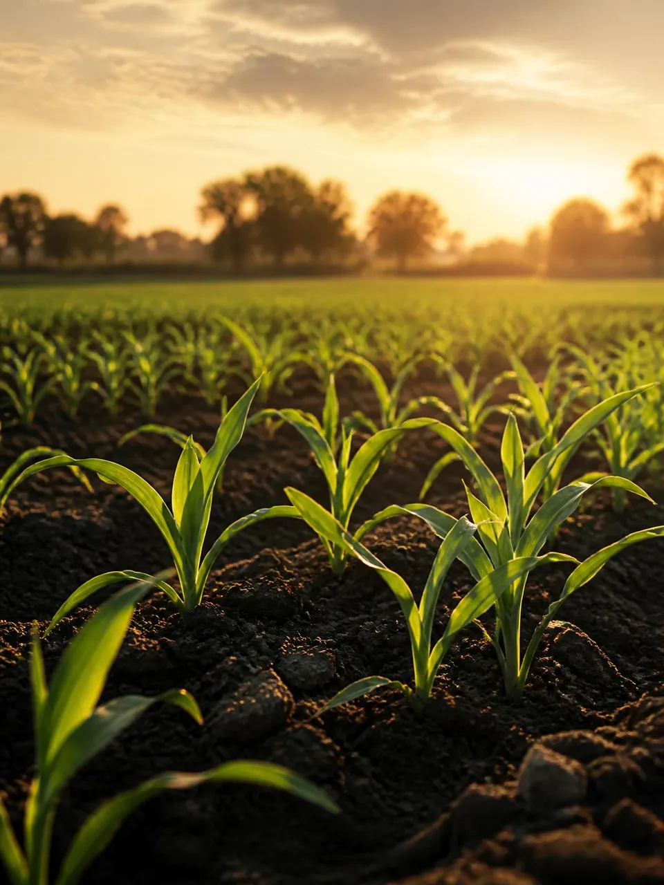 Young crop rows at golden hour on rich soil, representing TARAON GLOBAL's supply across India